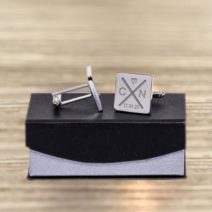 Personalised Initials &amp; Heart Square Cufflinks in Silver Finish