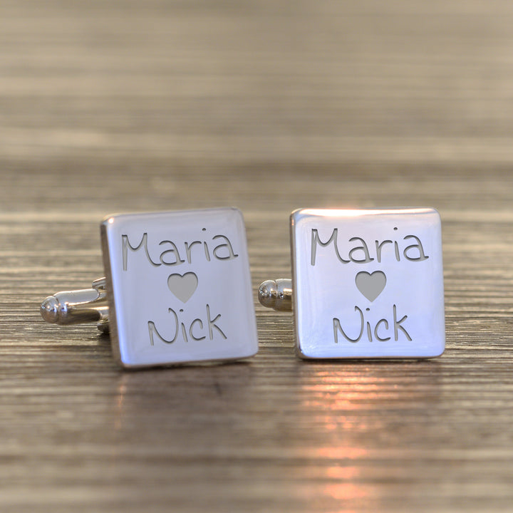 Personalised Loving Couple Square Cufflinks - Silver Finish