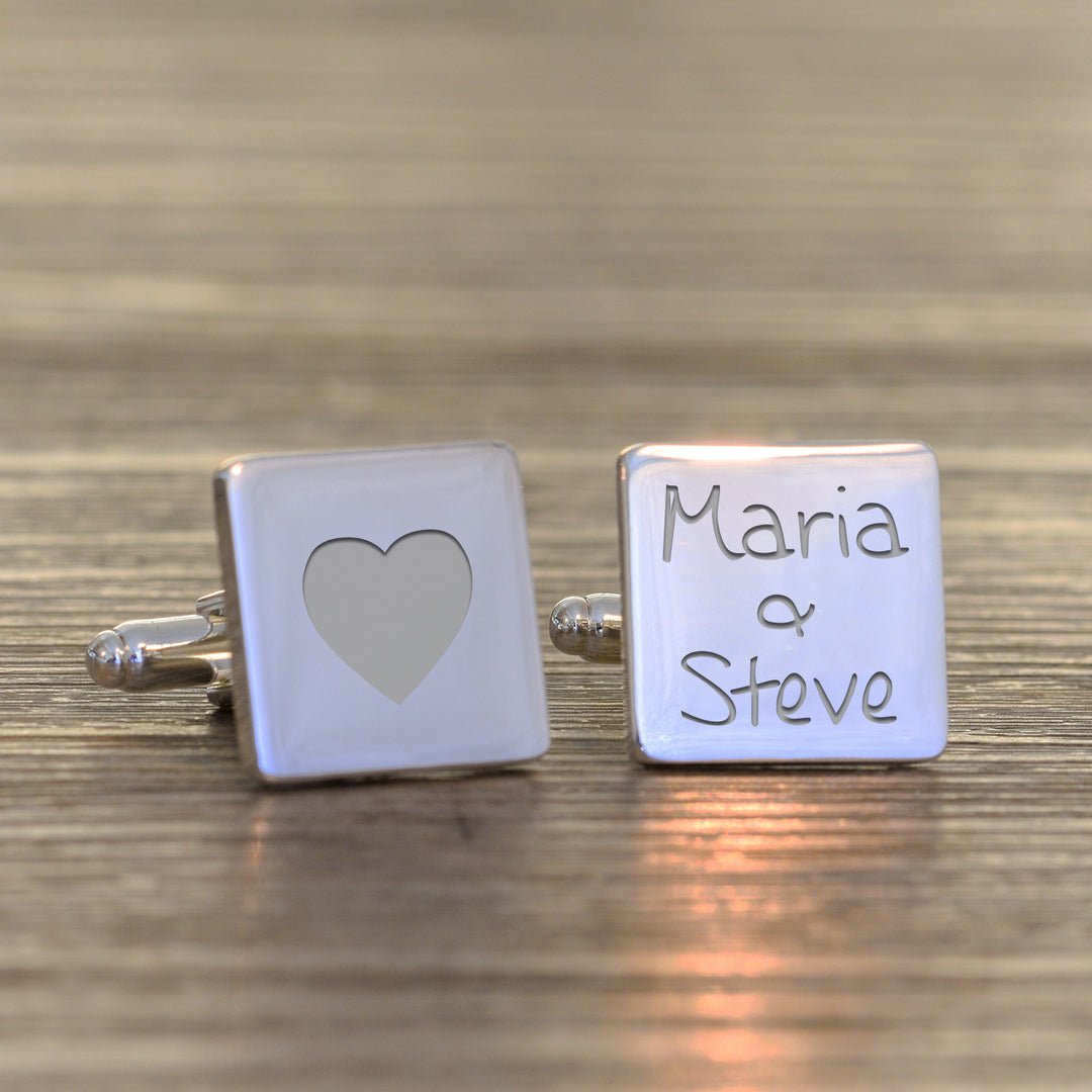 Personalised Heart and Names Cufflinks in Silver Finish