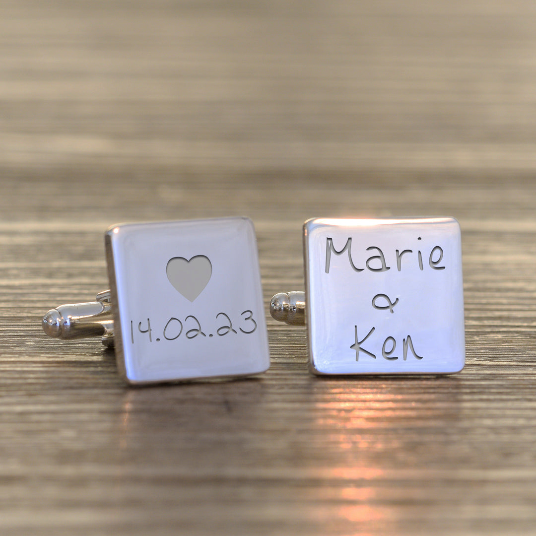 Personalised Heart Date &amp; Names Square Cufflinks