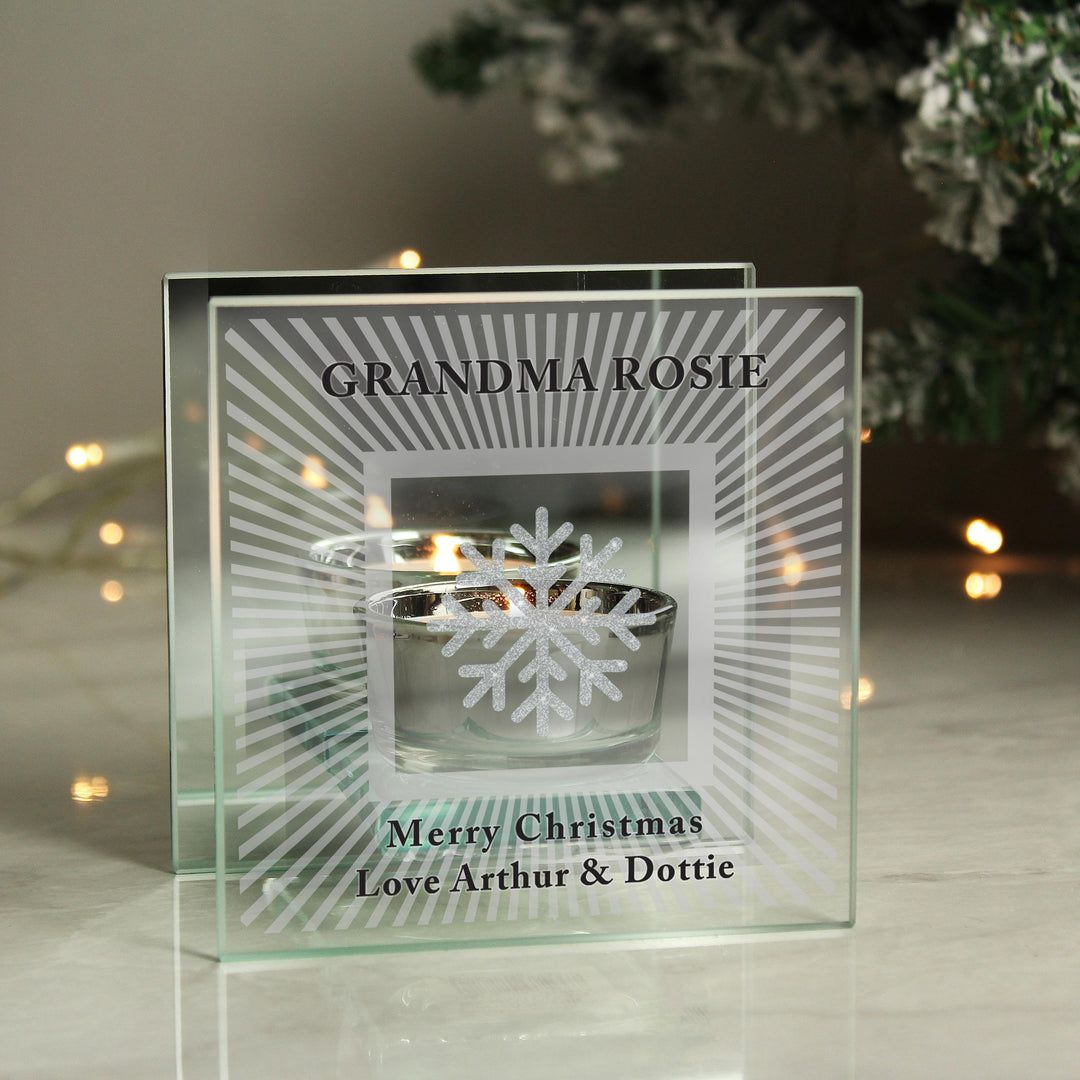 Personalised Snowflake Silver Glitter Tea Light Holder, The Personal Shop, personalised gifts