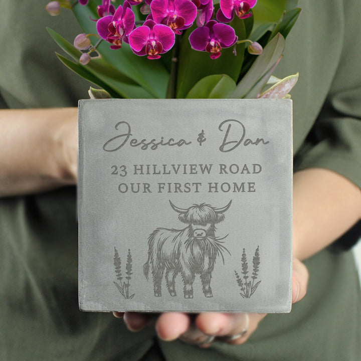 Personalised Highland Cow Concrete Plant Pot – alternative view
