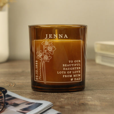 Personalised December Birth Flower Amber Glass Candle