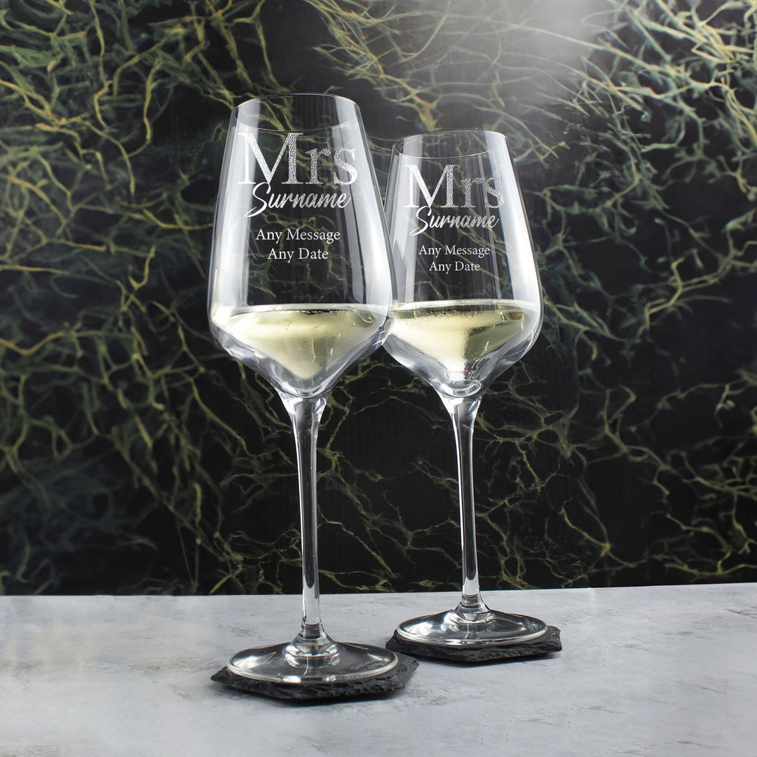 Personalised Mrs &amp; Mrs Engraved Wine Glasses Set (450ml)