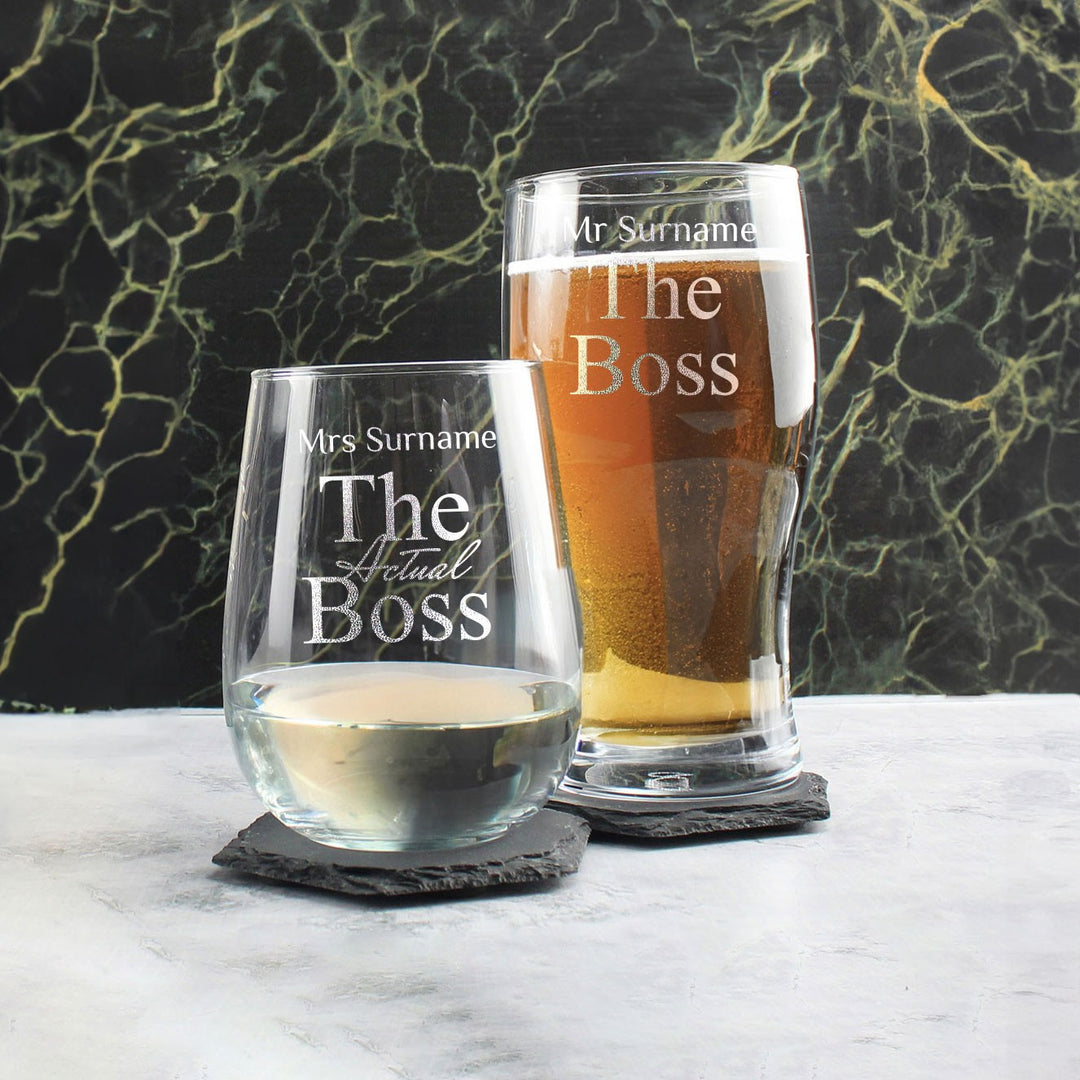 Engraved His and Hers Beer &amp; Stemless Wine Glass Set