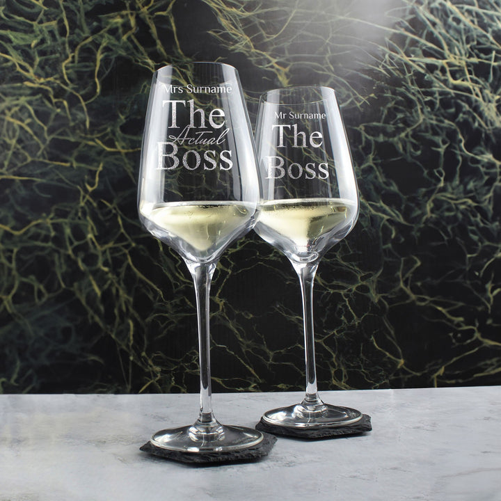 Personalised His &amp; Hers Wine Glasses Set - The Boss &amp; Real Boss