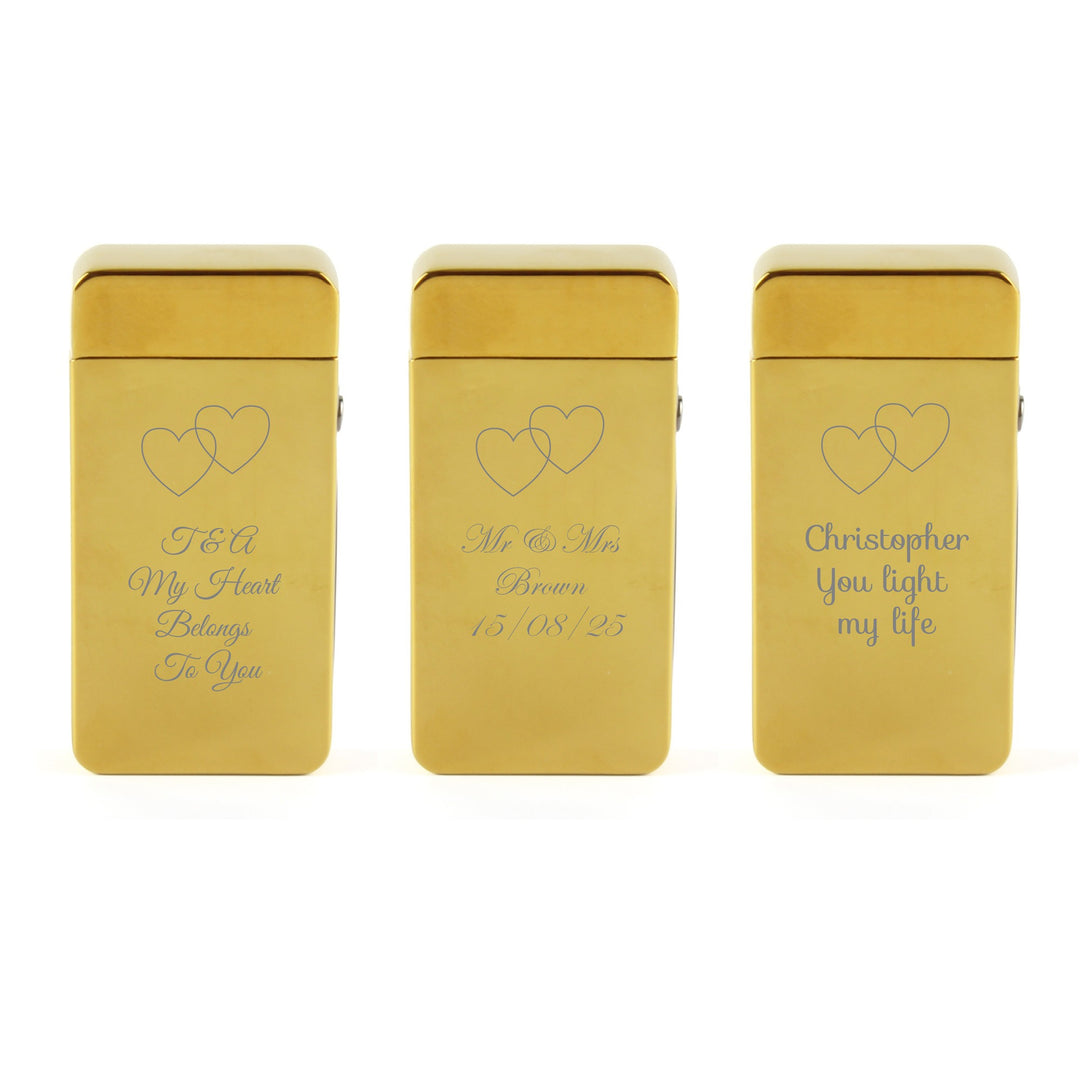 Personalised Gold Electric Arc Lighter with Overlapping Hearts