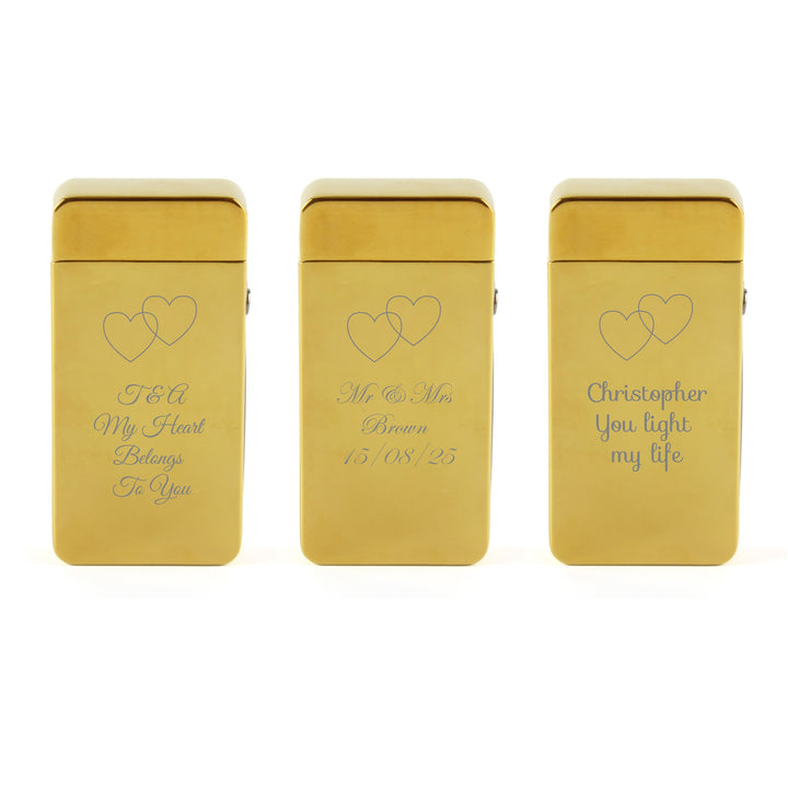 Personalised Gold Electric Arc Lighter with Overlapping Hearts