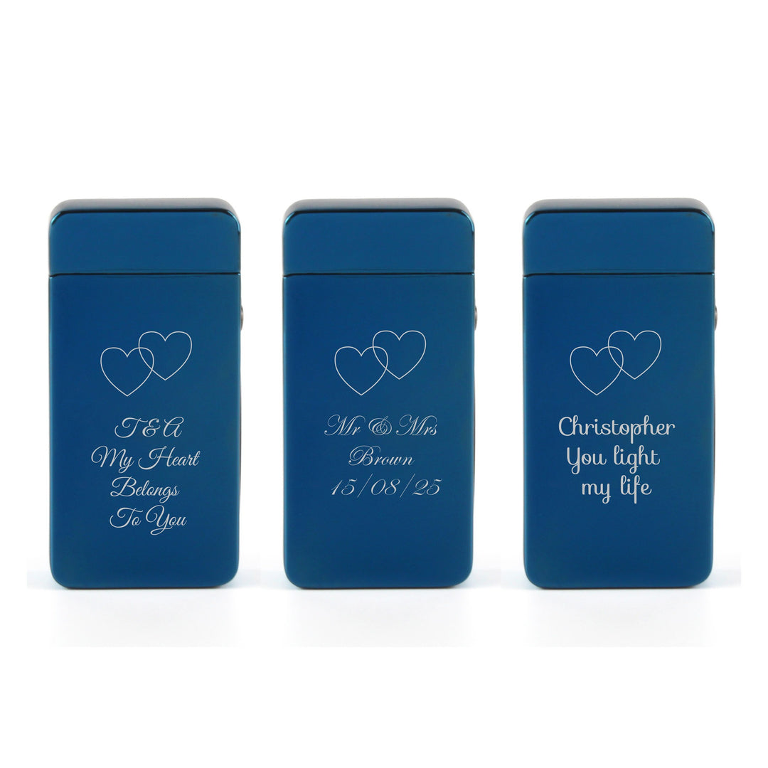 Personalised Blue Electric Arc Lighter with Overlapping Hearts