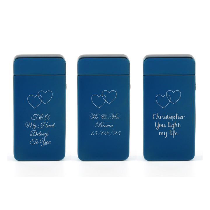 Personalised Blue Electric Arc Lighter with Overlapping Hearts