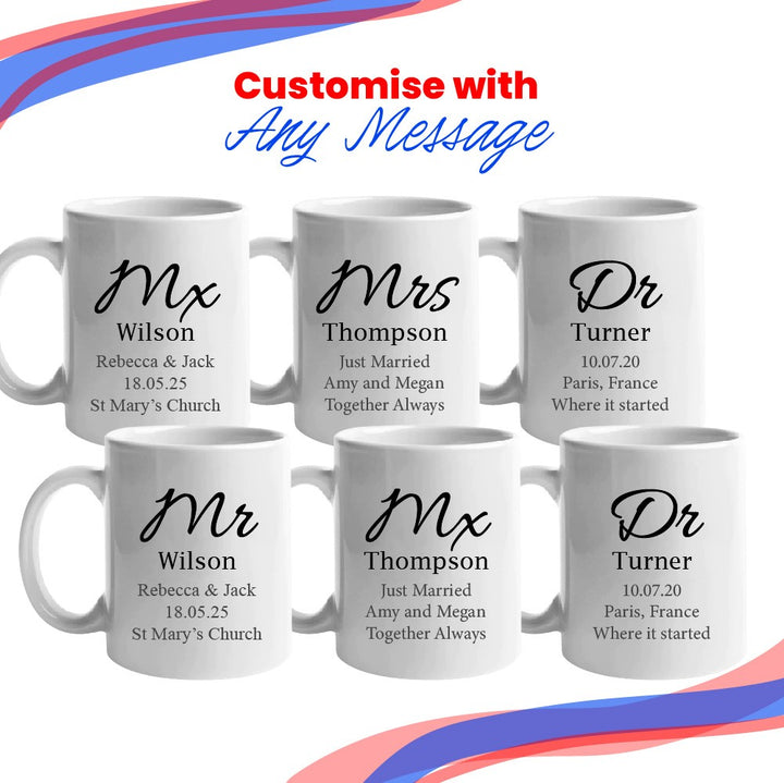 Personalised Gender Neutral Wedding Mug Set with Titles