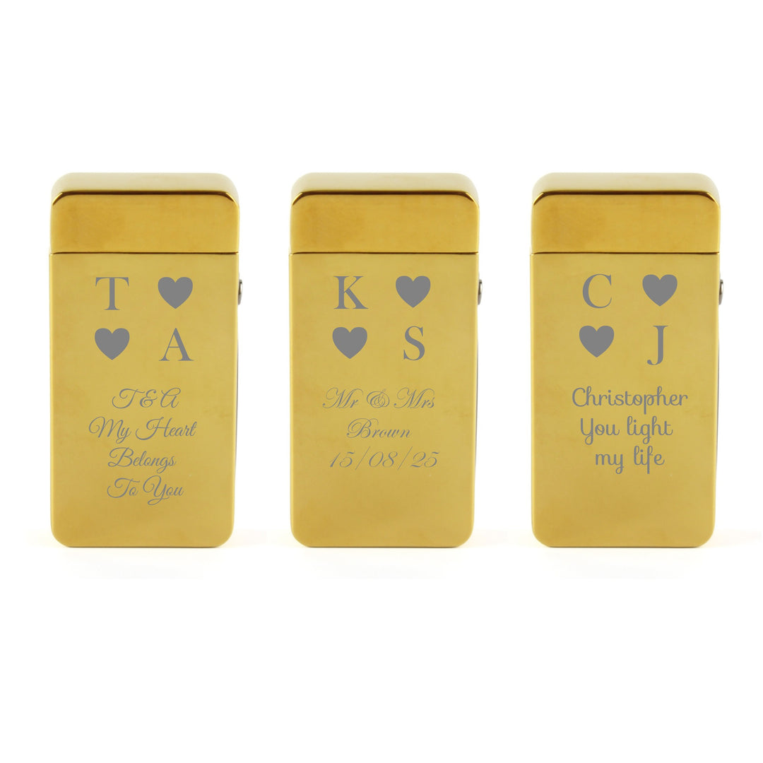 Personalised Gold Electric Arc Lighter with Heart Initials