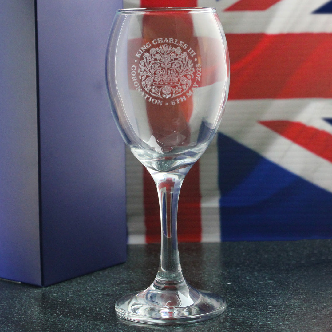 Engraved King Charles III Coronation Emblem White Wine Glass