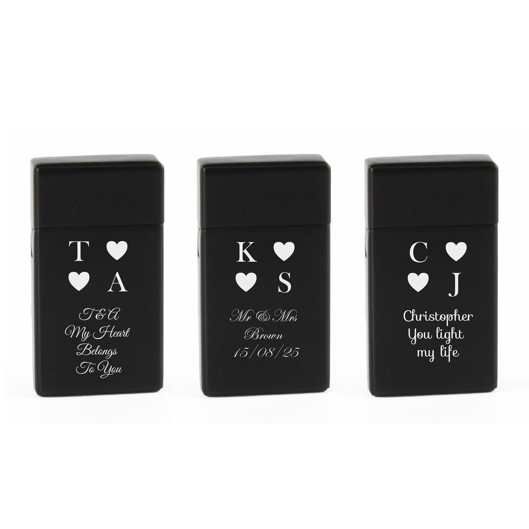 Personalised Black Heart Initials Jet Flame Gas Lighter