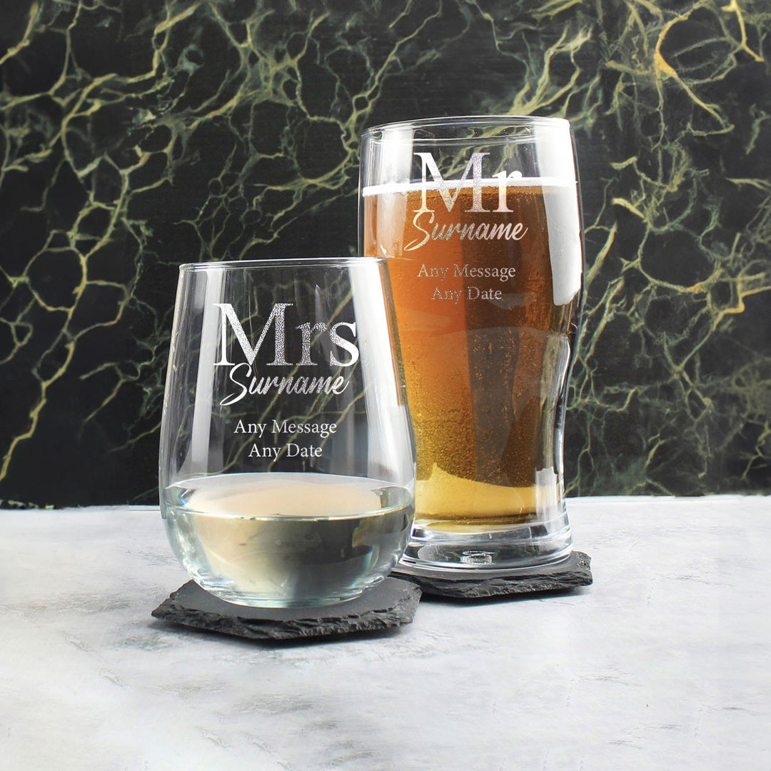 Personalised Mr and Mrs Beer &amp; Stemless Wine Glass Set