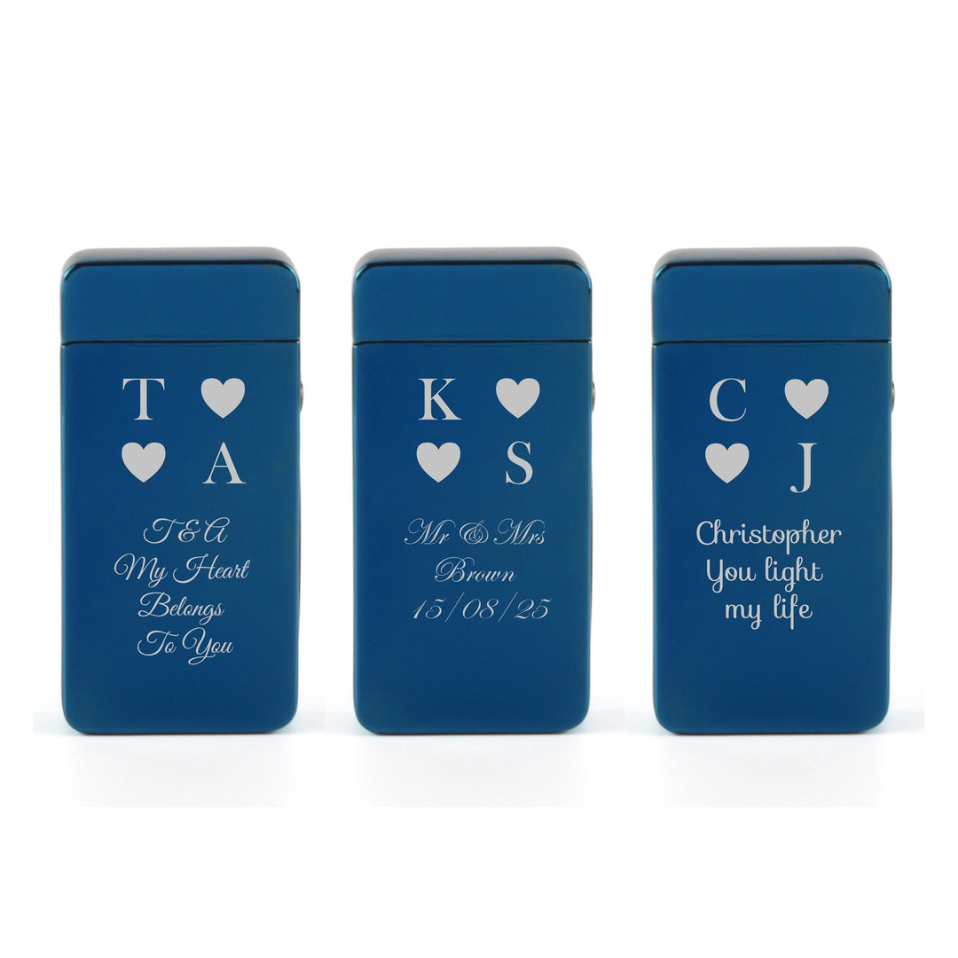 Personalised Blue Electric Arc Lighter with Heart Initials