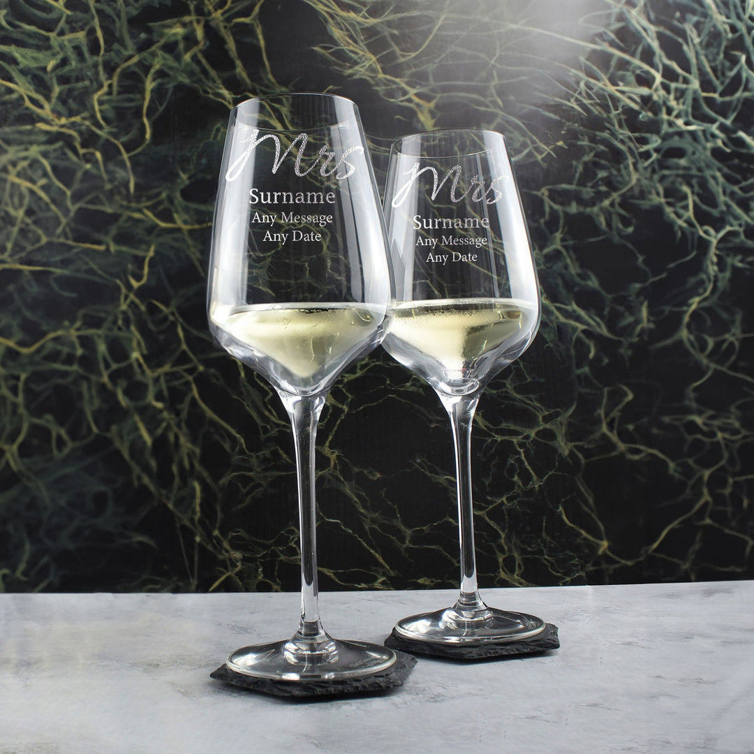 Personalised Mrs and Mrs Engraved Wine Glasses Set