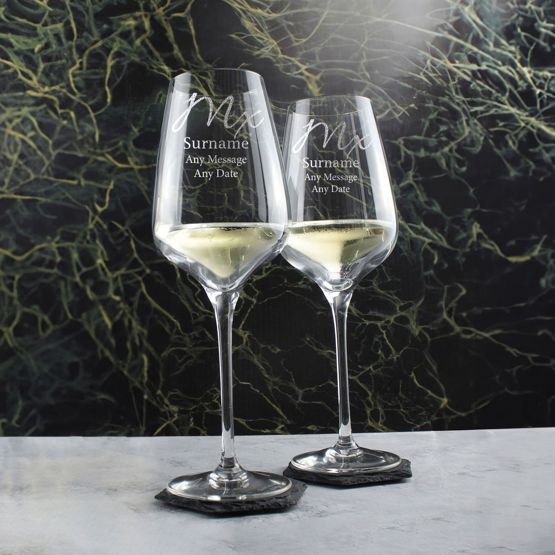 Engraved Mx and Mx Gender Neutral Wedding Wine Glass Set