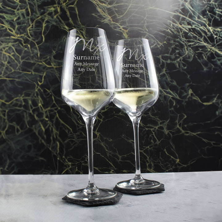 Engraved Mx and Mx Gender Neutral Wedding Wine Glass Set