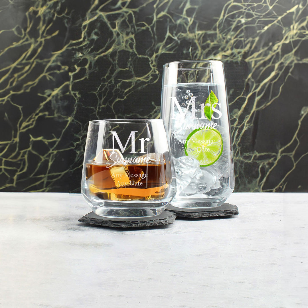 Personalised Mr &amp; Mrs Whisky and Cocktail Glass Set