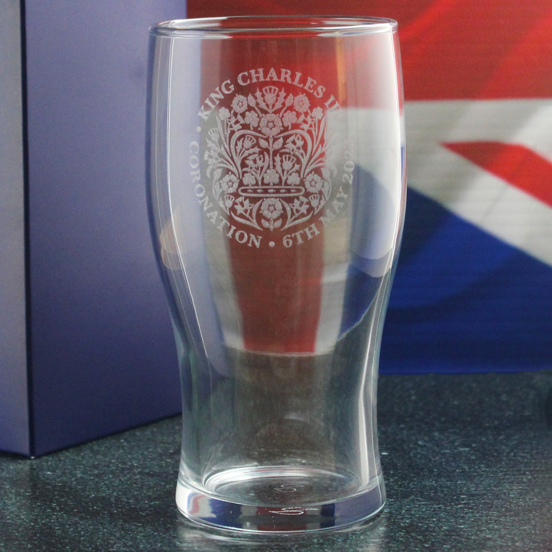 Engraved King Charles III Coronation Emblem Pint Glass