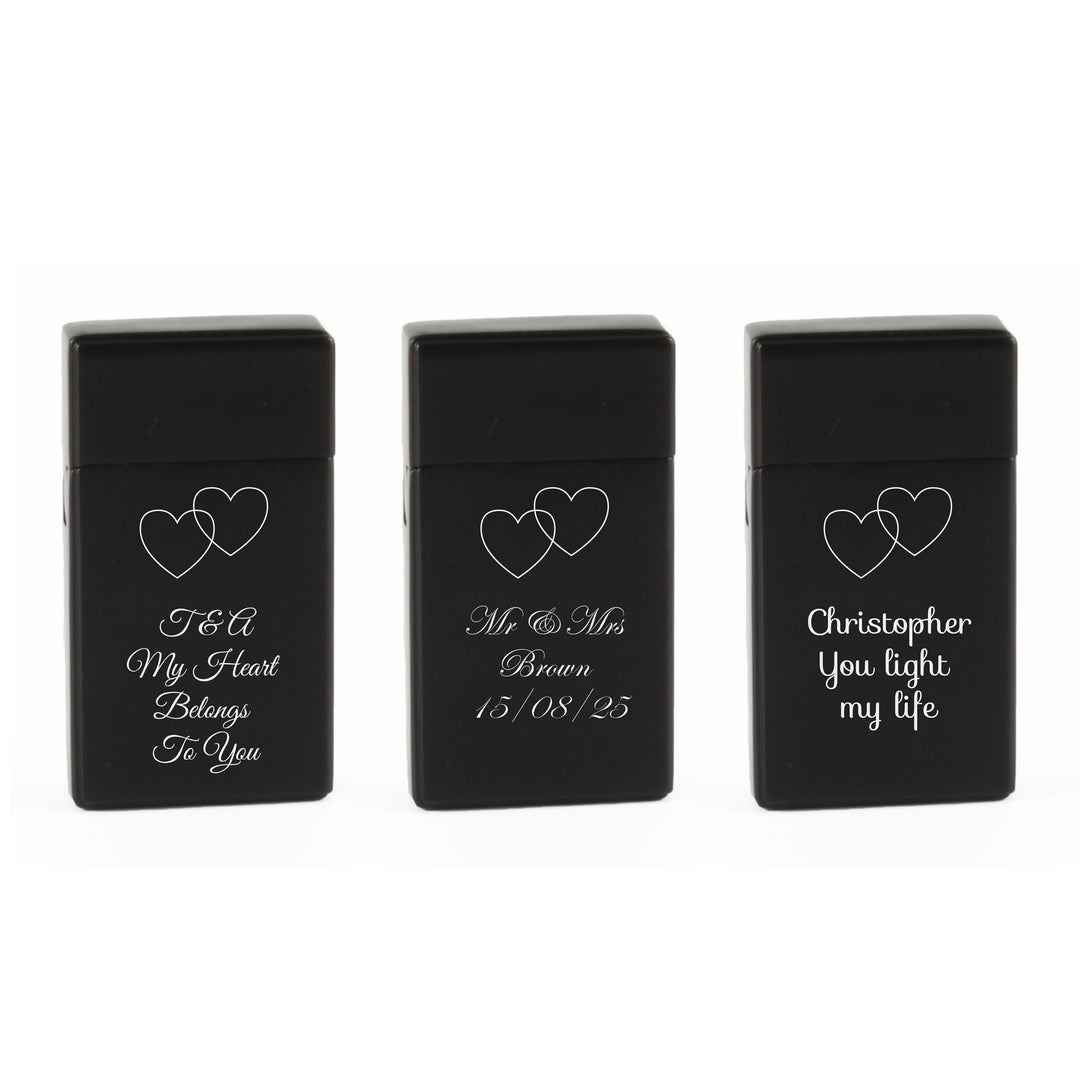 Personalised Black Jet Flame Lighter with Overlapping Hearts