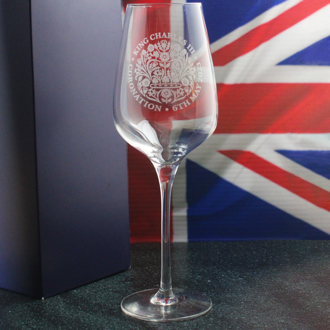 Engraved King Charles III Coronation Emblem Red Wine Glass