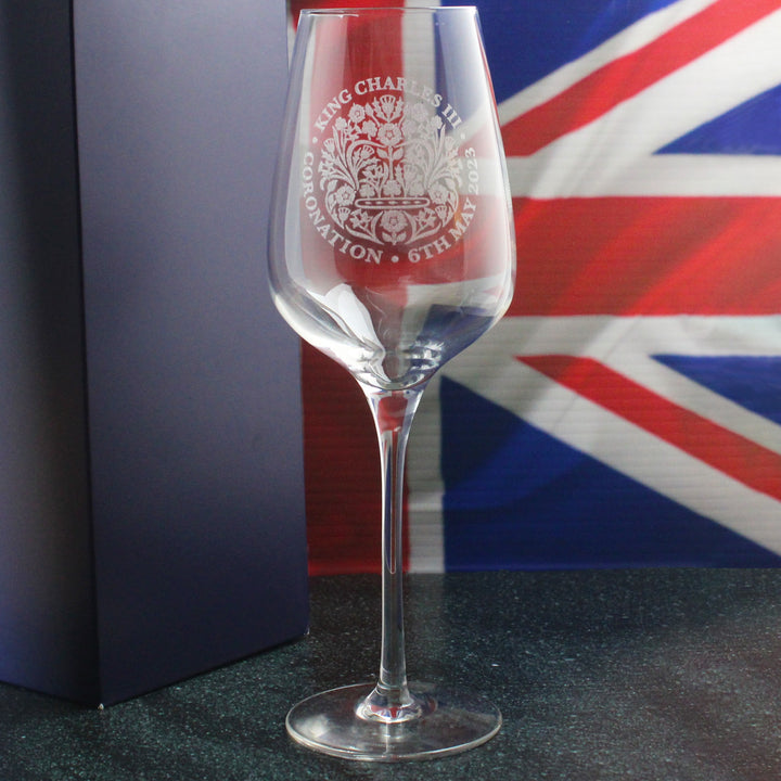 Engraved King Charles III Coronation Emblem Red Wine Glass