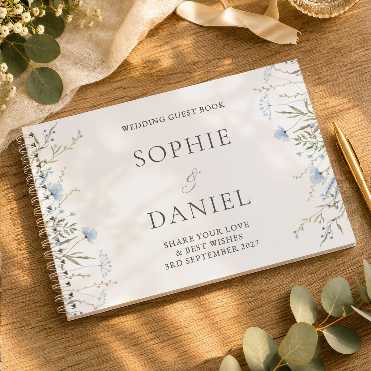 Personalised Blue Wild Flowers Wedding Guest Book, The Personal Shop, personalised gifts