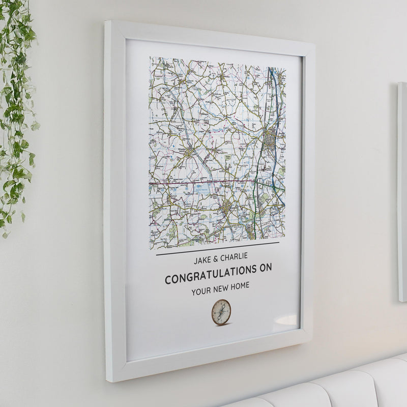 Personalised Present Day Map Compass White Poster Frame