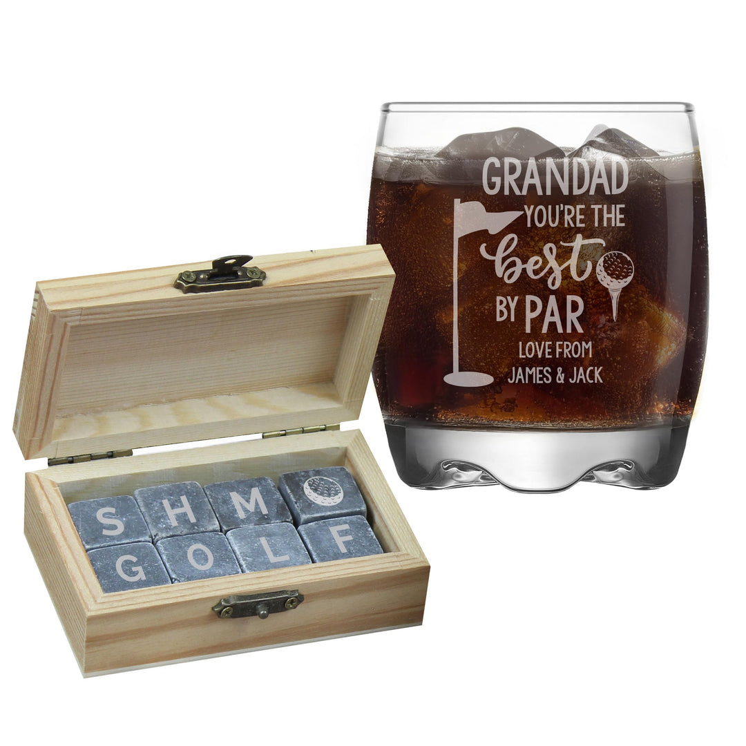 Personalised Best By Par Glass &amp; Whisky Stones – alternative view