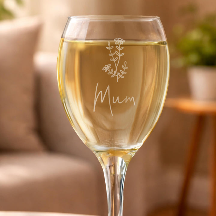 Personalised Flower Motif Wine Glass, The Personal Shop, personalised gifts