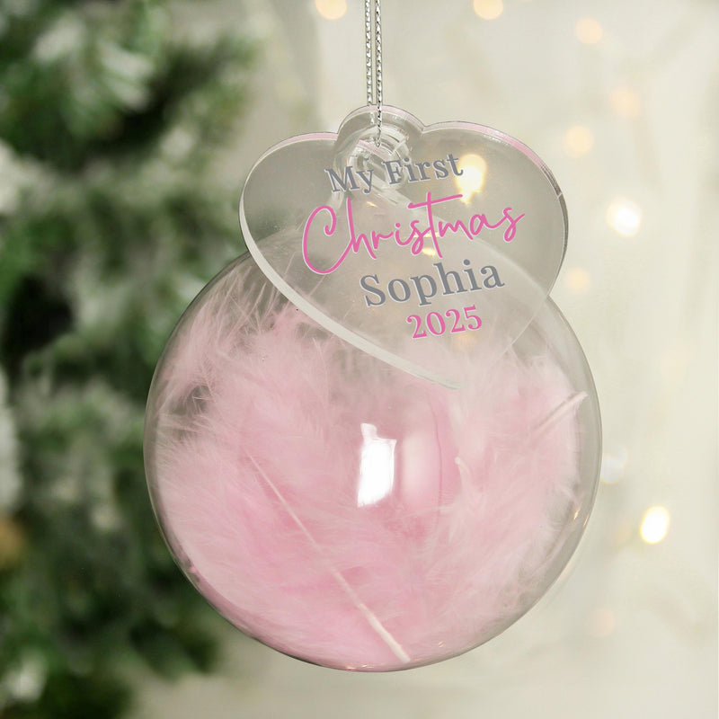 Personalised My 1st Christmas Pink Feather Bauble