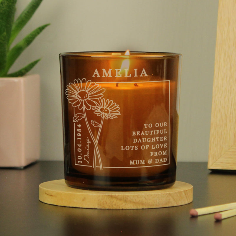 Personalised April Birth Flower Amber Glass Candle
