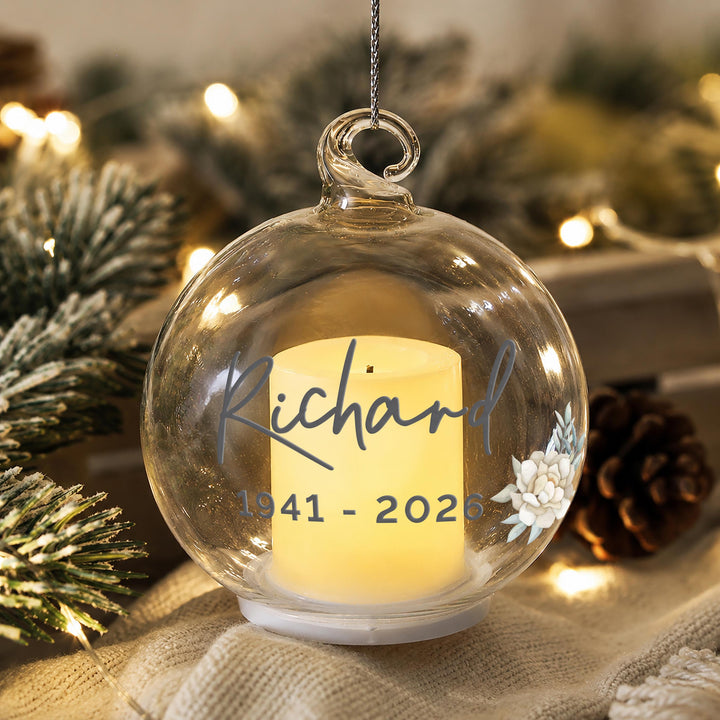 Personalised Floral Memorial LED Candle Glass Bauble, The Personal Shop, personalised gifts