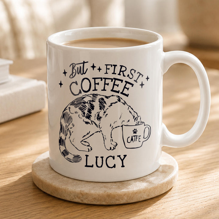 Personalised But First Coffee Cat Mug, The Personal Shop, personalised gifts