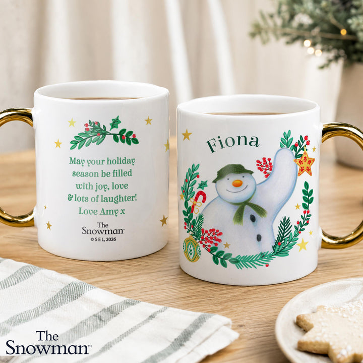 Personalised The Snowman Gold Handle Christmas Wishes Mug