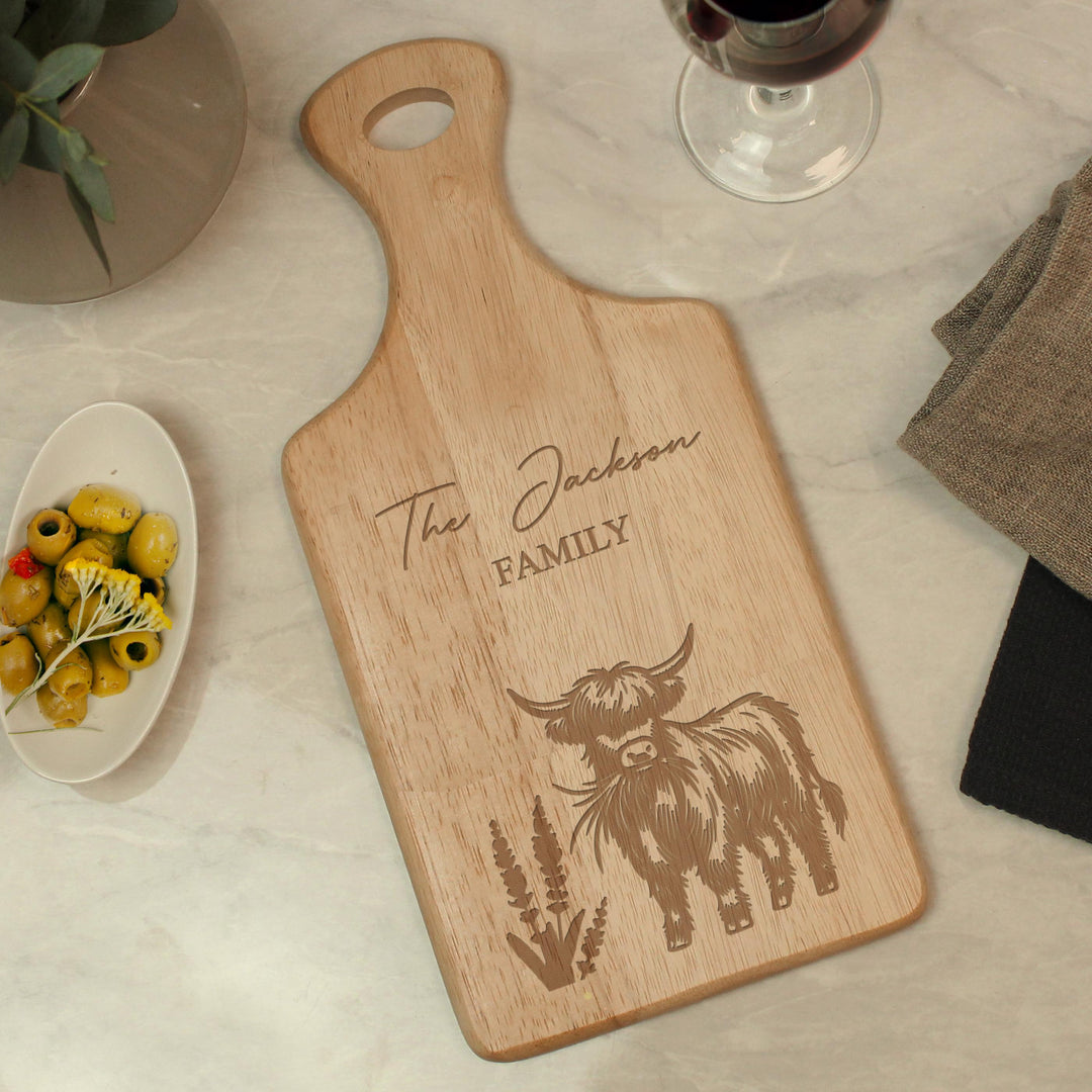 Personalised Highland Cow Paddle Chopping Board – alternative view