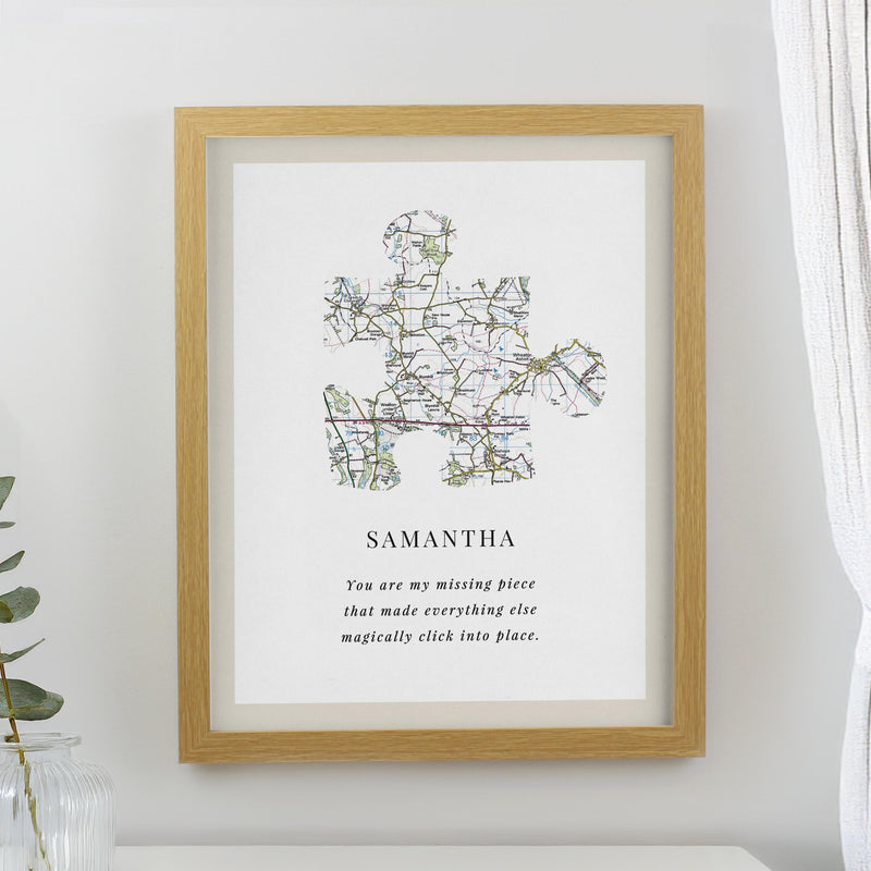 Personalised Present Day Map Puzzle Piece Oak Poster Frame