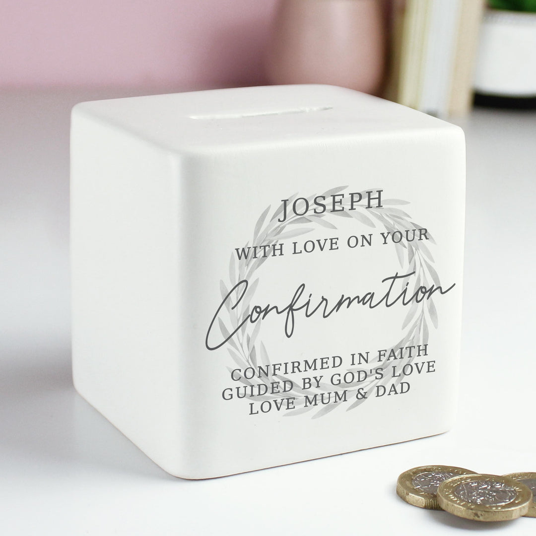 Personalised Wreath Ceramic Square Money Box – alternative view