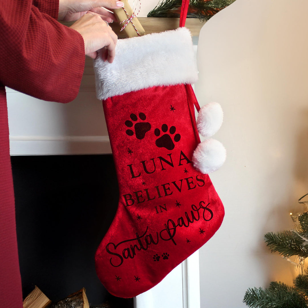 Personalised Santa Paws Christmas Red Stocking – alternative view