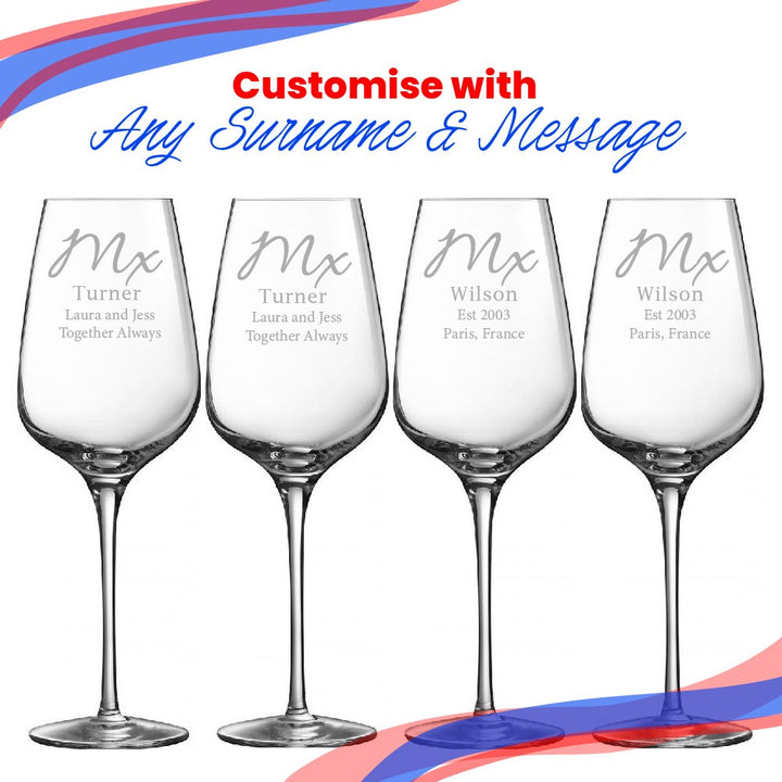 Engraved Mx and Mx Gender Neutral Wedding Wine Glass Set