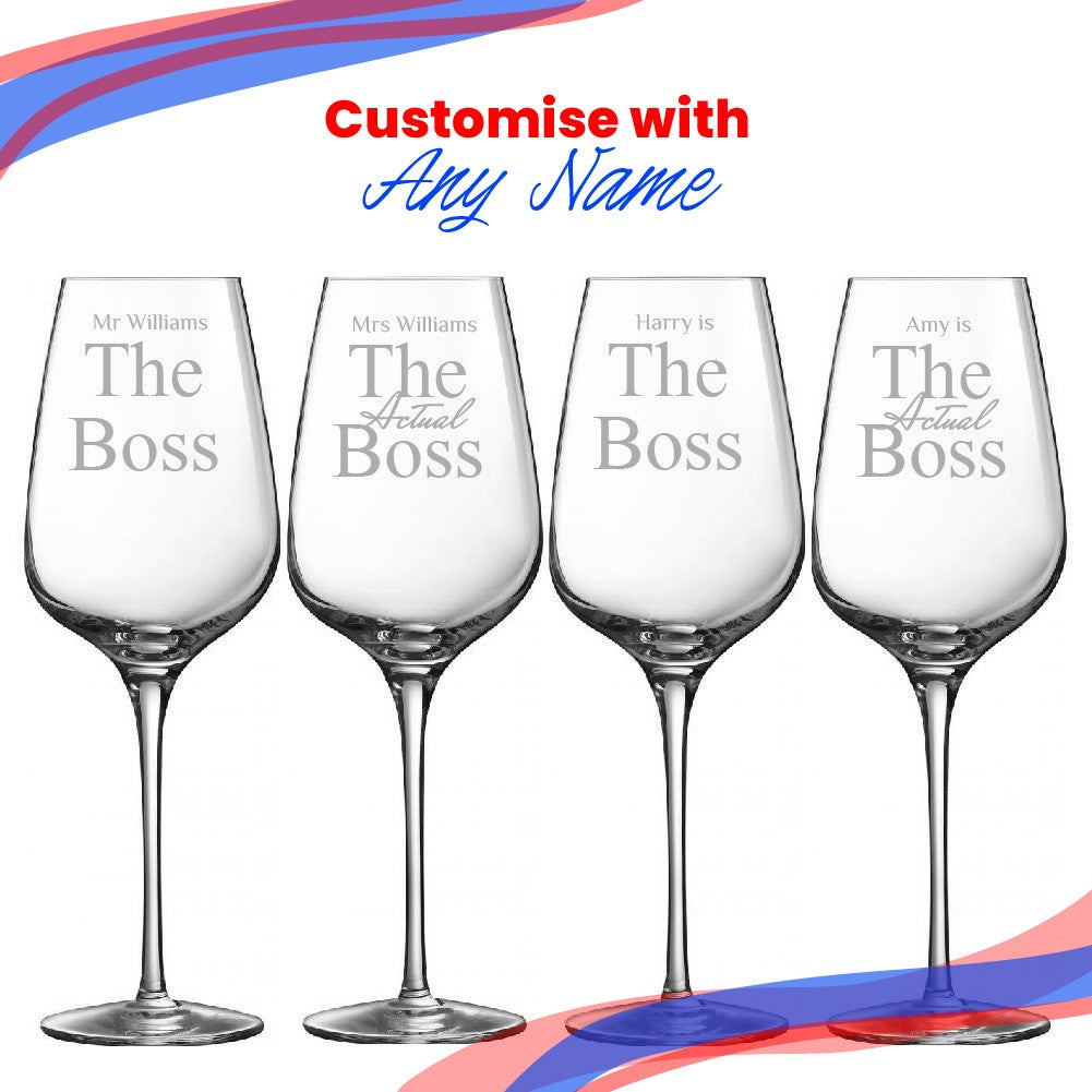 Personalised His &amp; Hers Wine Glasses Set - The Boss &amp; Real Boss
