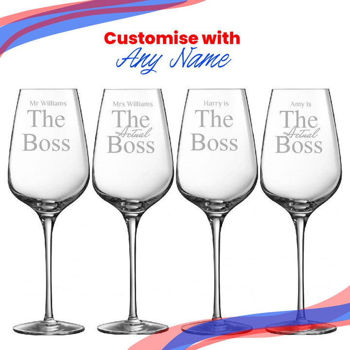 Personalised His &amp; Hers Wine Glasses Set - The Boss &amp; Real Boss