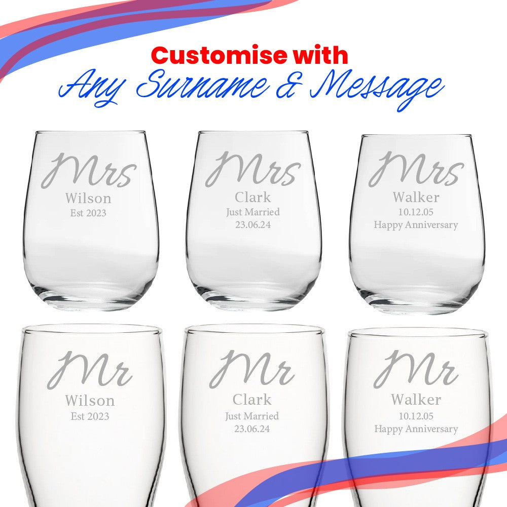 Personalised Mr and Mrs Pint &amp; Stemless Wine Glass Set