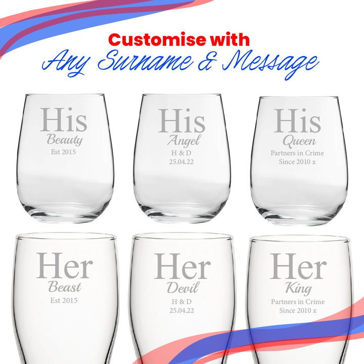 Personalised His &amp; Hers Beer and Stemless Wine Glass Set
