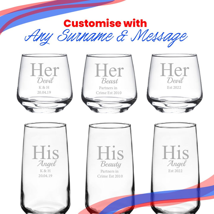 Personalised His &amp; Hers Whisky and Cocktail Glass Set