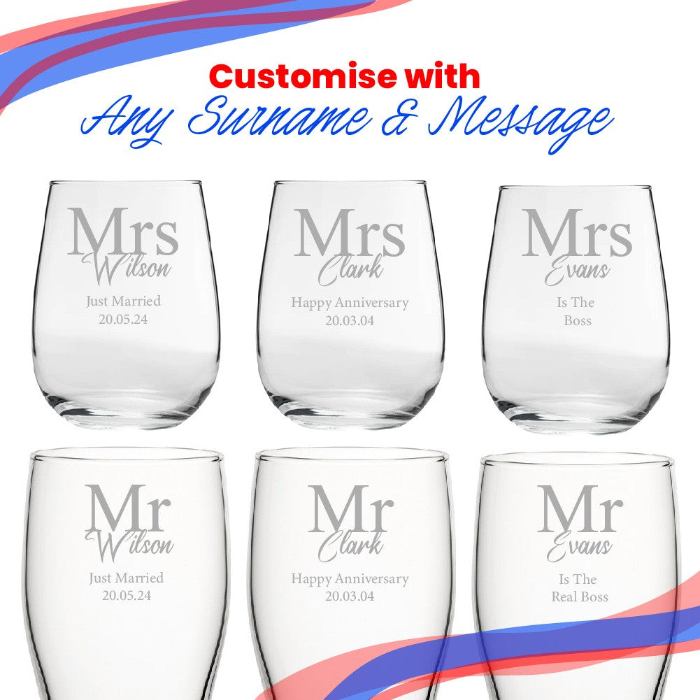 Personalised Mr and Mrs Beer &amp; Stemless Wine Glass Set