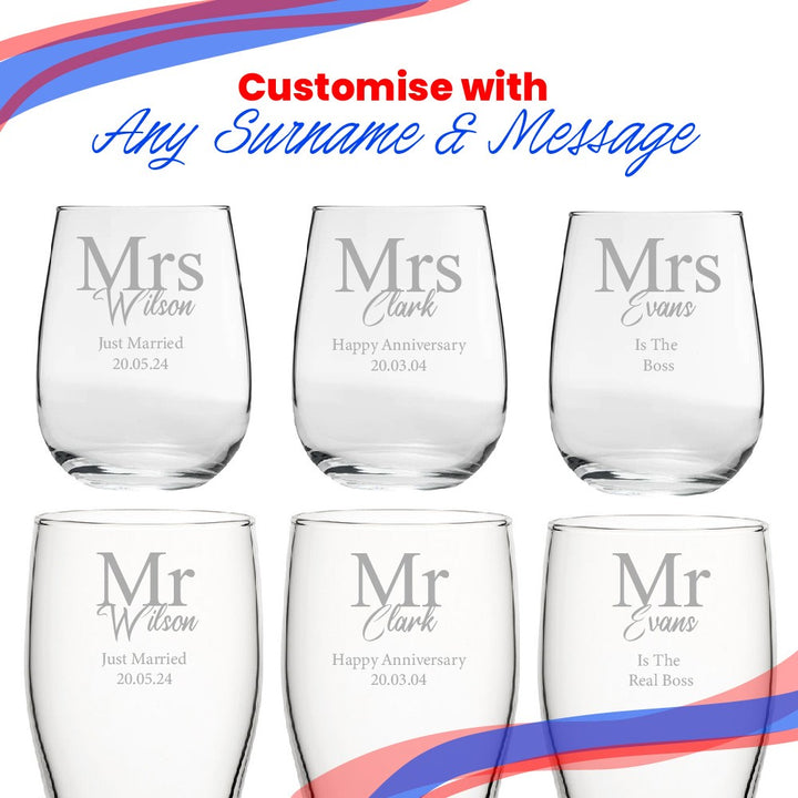 Personalised Mr and Mrs Beer &amp; Stemless Wine Glass Set