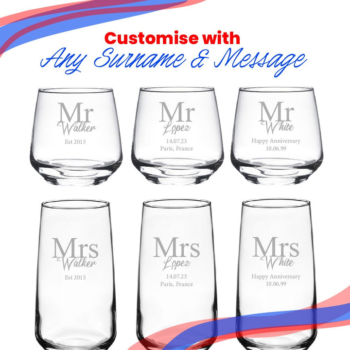 Personalised Mr &amp; Mrs Whisky and Cocktail Glass Set
